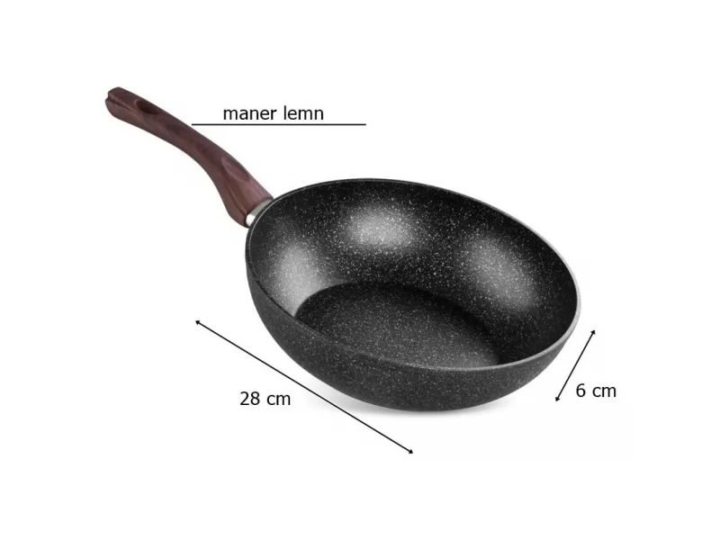 Tigaie tip wok BML-28, triplustrat, antiaderenta, diametru 28 cm, cu margini inalte, maner lemn