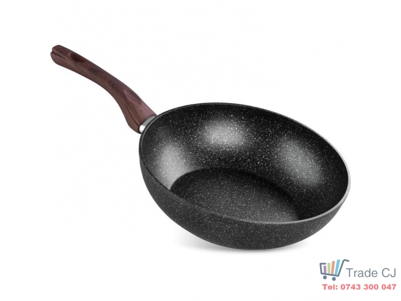 Tigaie tip wok BML-28, triplustrat, antiaderenta, diametru 28 cm, cu margini inalte, maner lemn