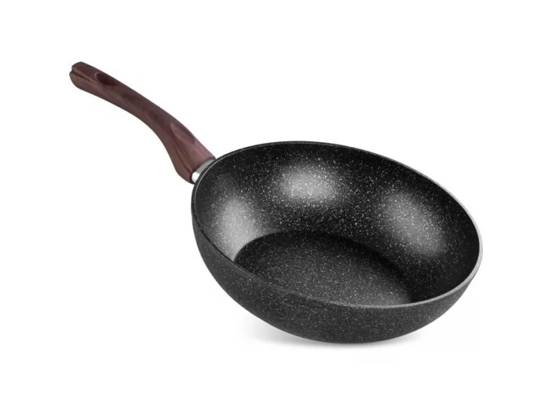 Tigaie tip wok BML-28, triplustrat, antiaderenta, diametru 28 cm, cu margini inalte, maner lemn