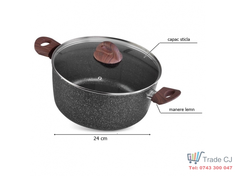 Oala rotunda cu capac triplu-strat BML24, diametru 24 cm, 4 l, manere lemn