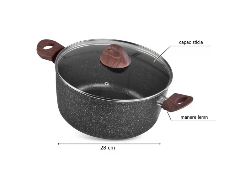 Oala rotunda cu capac triplu-strat BML28, diametru 28 cm, 5.9 l, manere lemn