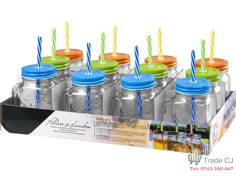 Set 12 bucati pahare sticla cu pai si capac pentru servire bauturi, capacitate 480ml