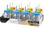 Set 12 bucati pahare sticla cu pai si capac pentru servire bauturi, capacitate 480ml