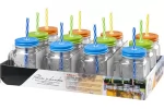 Set 12 bucati pahare sticla cu pai si capac pentru servire bauturi, capacitate 480ml