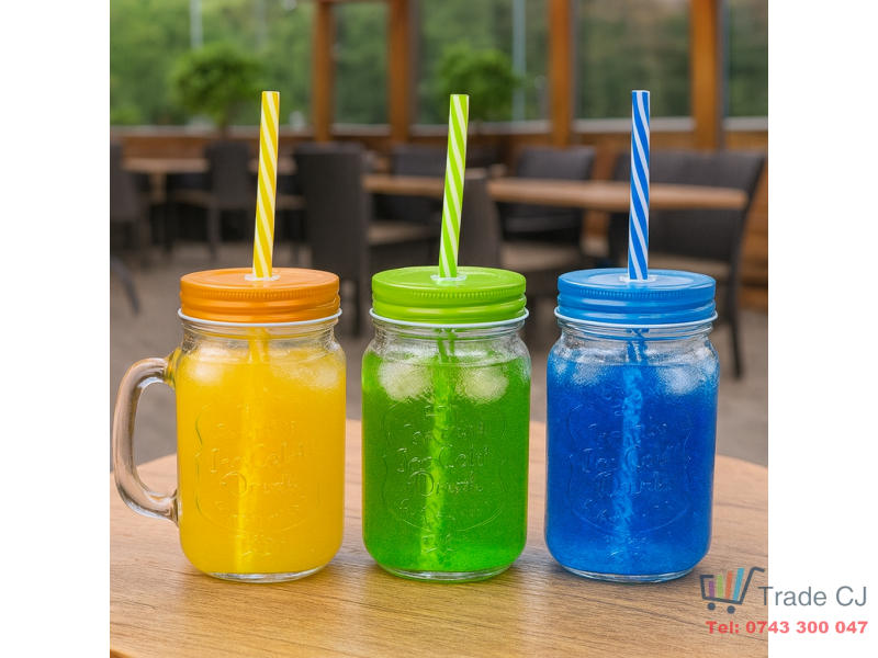 Set 12 bucati pahare sticla cu pai si capac pentru servire bauturi, capacitate 480ml