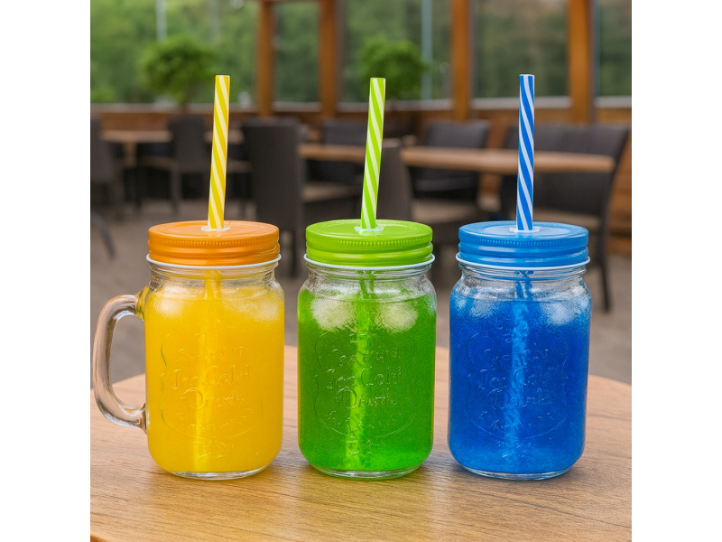 Set 12 bucati pahare sticla cu pai si capac pentru servire bauturi, capacitate 480ml