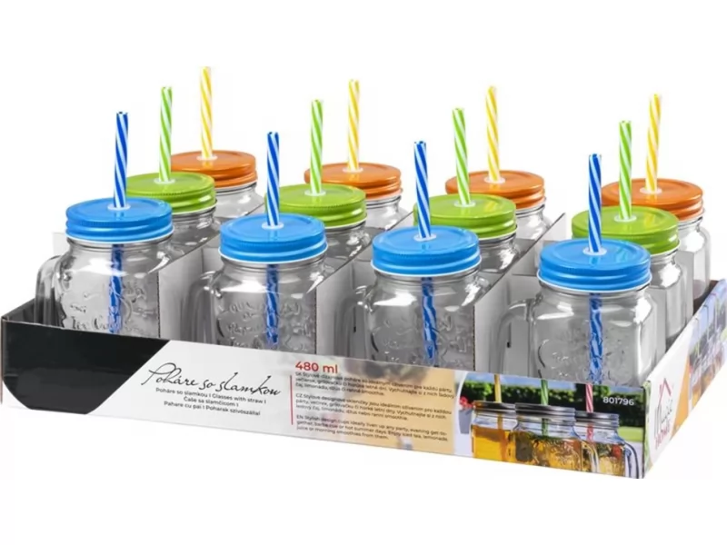 Set 12 bucati pahare sticla cu pai si capac pentru servire bauturi, capacitate 480ml