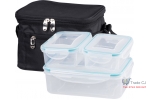 Set geanta termoizolanta cu 3 containere plastic pentru mancare, 2x0.5l si 1.5l