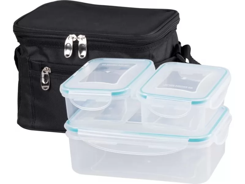 Set geanta termoizolanta cu 3 containere plastic pentru mancare, 2x0.5l si 1.5l