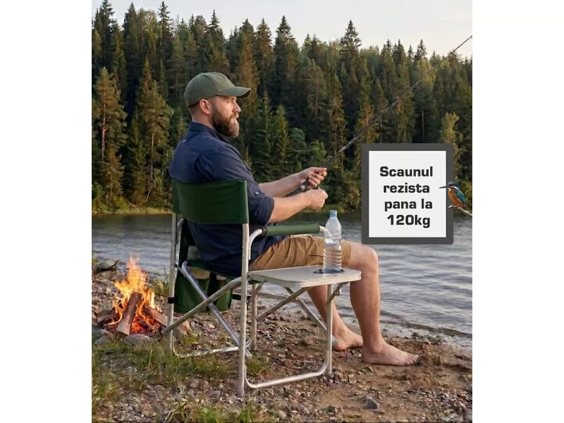 Scaun pliabil pentru camping si pescuit , masa laterala rabatabila cu suport pahar, max. 120 kg, 55x45x78 cm, verde