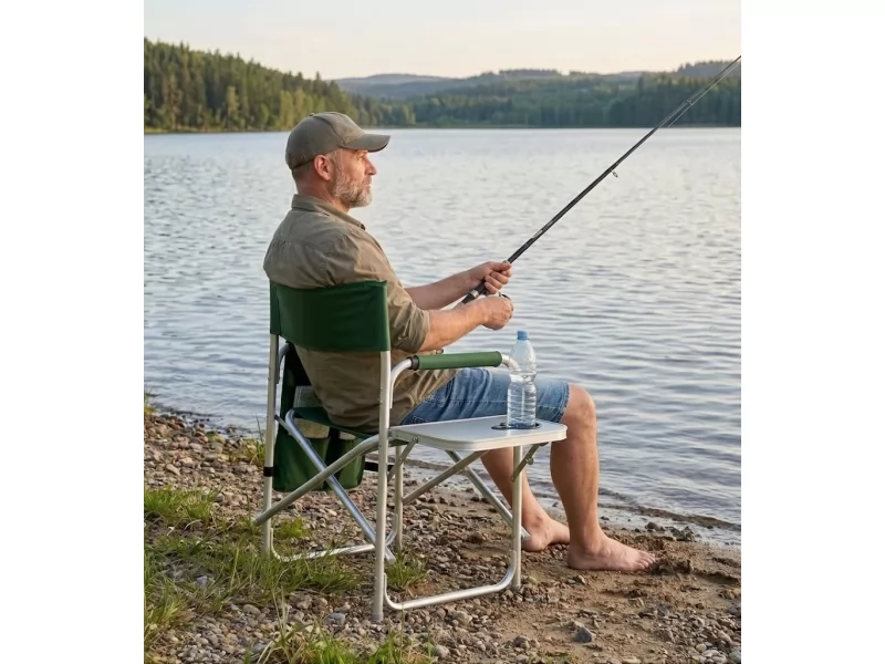 Scaun pliabil pentru camping si pescuit , masa laterala rabatabila cu suport pahar, max. 120 kg, 55x45x78 cm, verde
