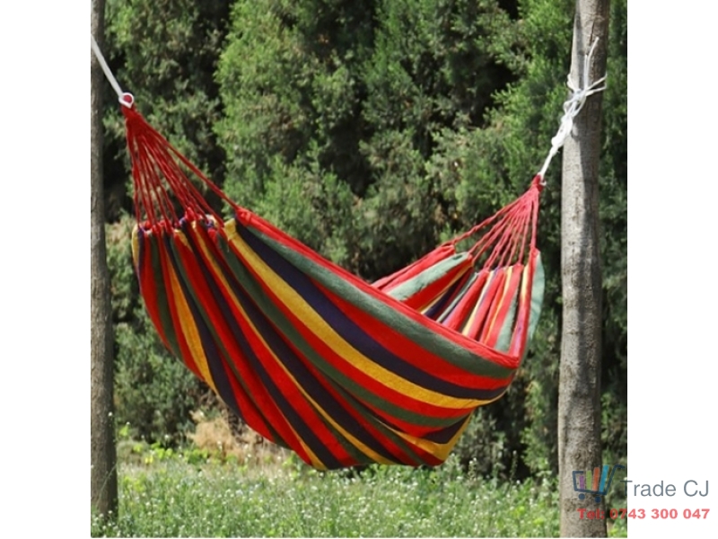Hamac din bumbac rezistent 240x160 cm, suporta 200 kg, pentru gradina, terasa, camping si relaxare, multicolor