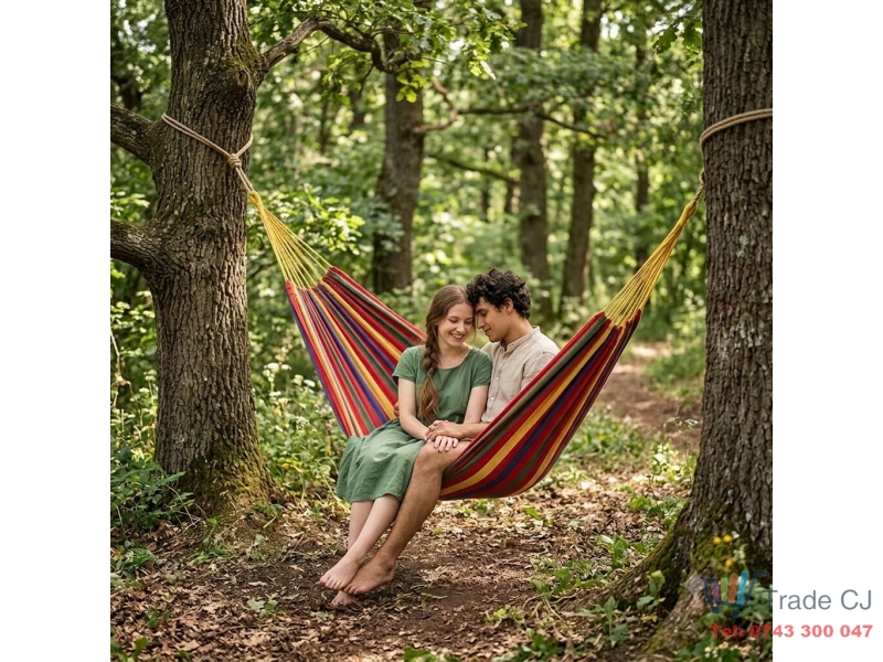 Hamac din bumbac rezistent 240x160 cm, suporta 200 kg, pentru gradina, terasa, camping si relaxare, multicolor