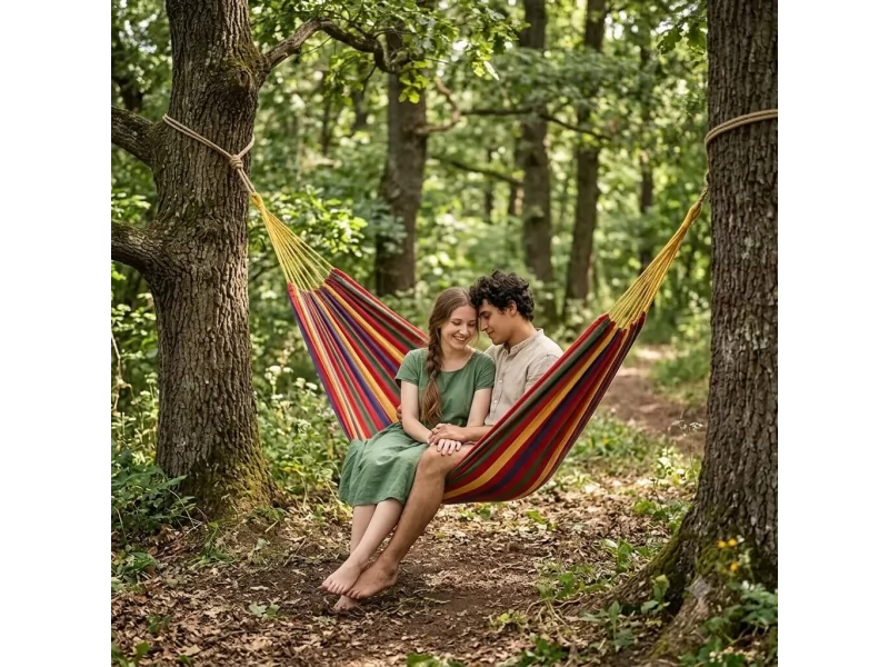 Hamac din bumbac rezistent 240x160 cm, suporta 200 kg, pentru gradina, terasa, camping si relaxare, multicolor