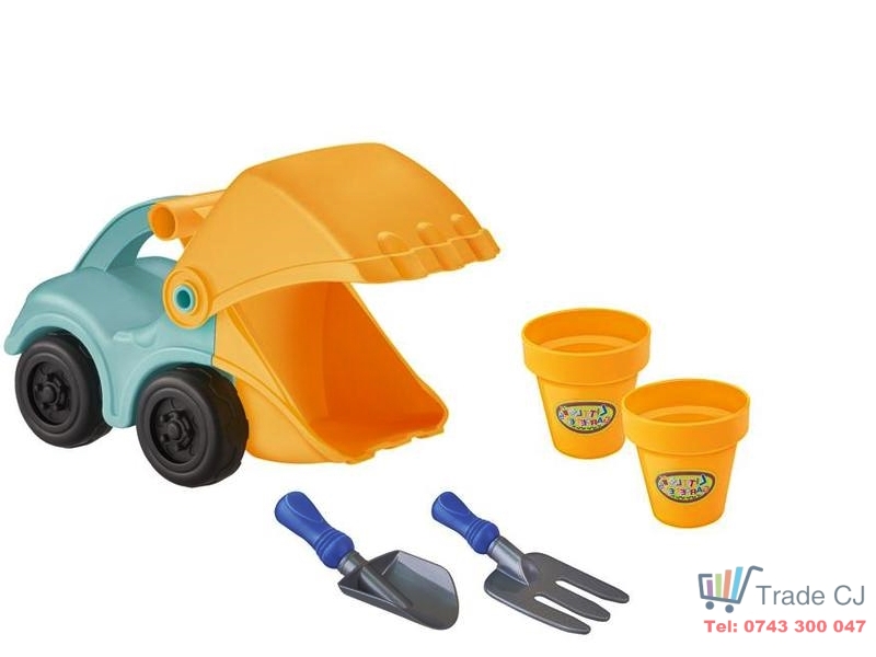 Set jucarii masinuta excavator + 4 accesorii pentru plaja si gradina