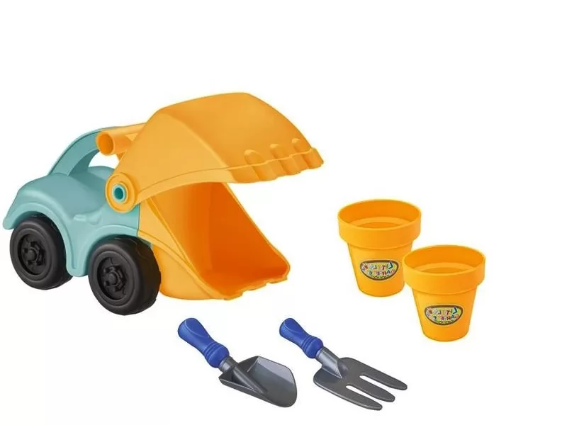 Set jucarii masinuta excavator + 4 accesorii pentru plaja si gradina