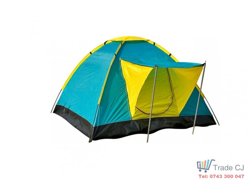 Cort pentru camping si drumetie, SGTT Relax pentru 3-4 persoane, din poliester si fibra, inchidere frontala. rezistent UV si apa, 205x205x120 cm