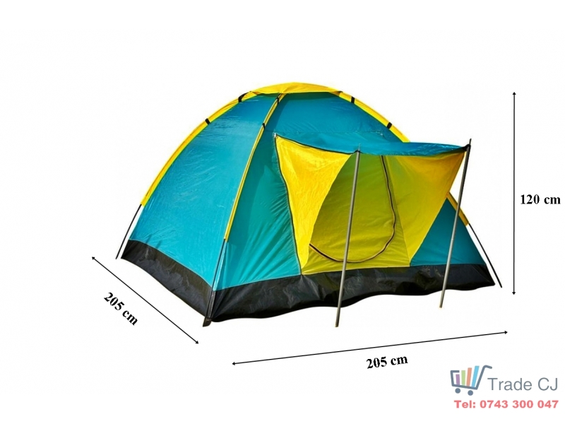 Cort pentru camping si drumetie, SGTT Relax pentru 3-4 persoane, din poliester si fibra, inchidere frontala. rezistent UV si apa, 205x205x120 cm