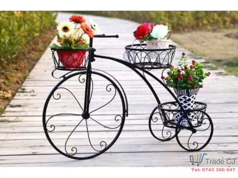 Suport decorativ din metal pentru 3 ghivece flori tip bicicleta, 60x42 cm