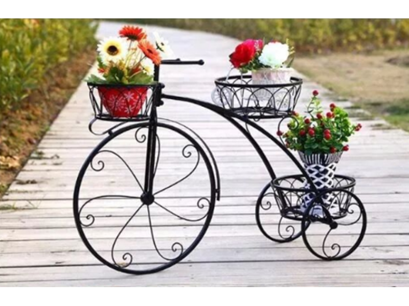 Suport decorativ din metal pentru 3 ghivece flori tip bicicleta, 60x42 cm