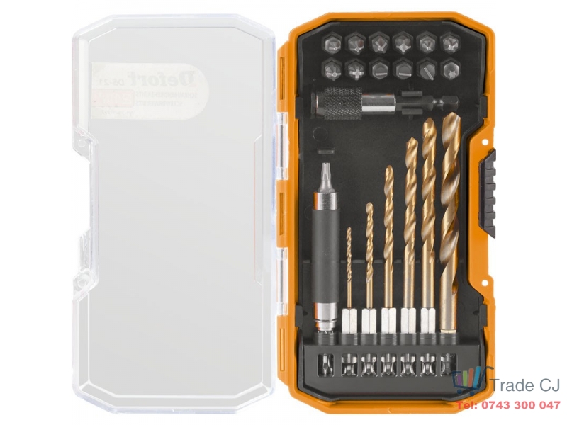 Set 21 accesorii Defort biti,burghie,adaptoare in cutie plastic