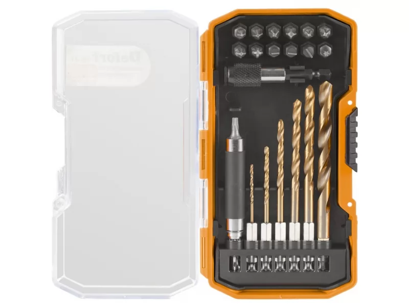 Set 21 accesorii Defort biti,burghie,adaptoare in cutie plastic